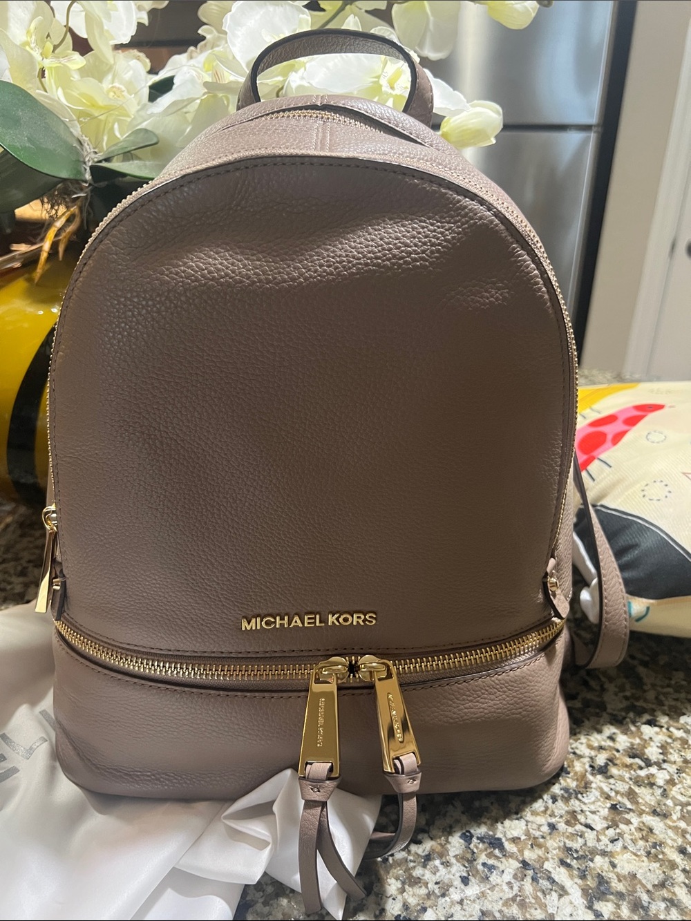Michael Kors Taupe Pebbled Leather Mini Backpack with Gold Hardware